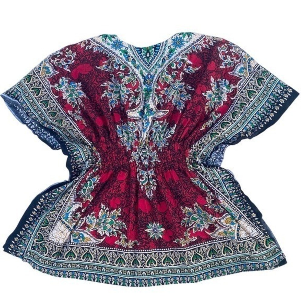 Mama & Papa Kaftan Top‎ Boho Smocked Waist Paisley Print, Womens OS Red Multi
